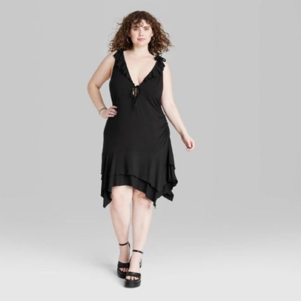 Black V-Neck Ruffle Handkerchief Hem Dress